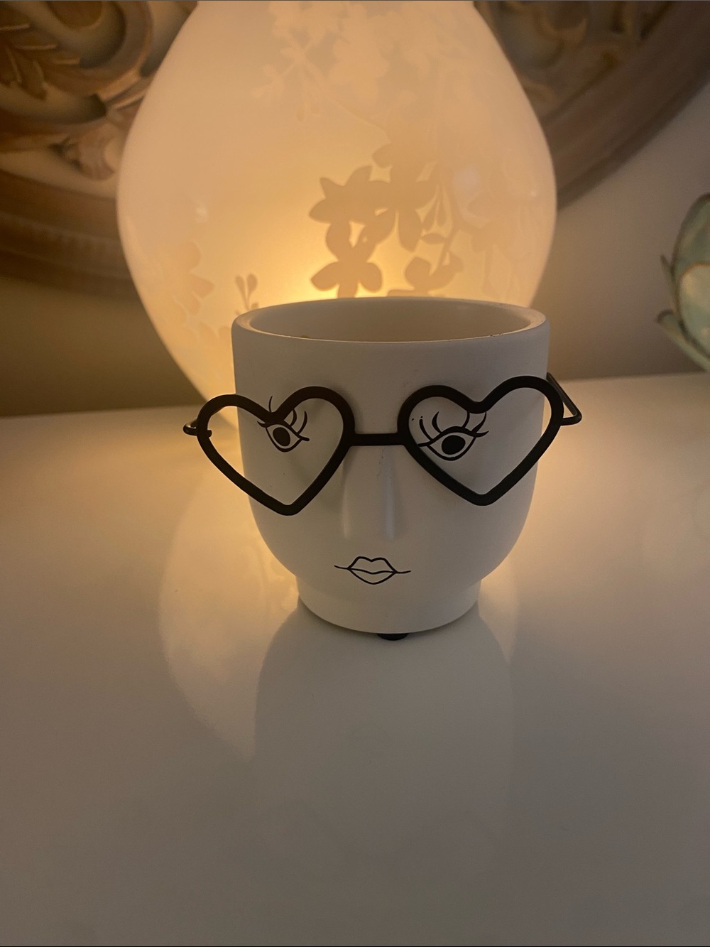 White Face Planter with Heart-Shaped Black Glasses